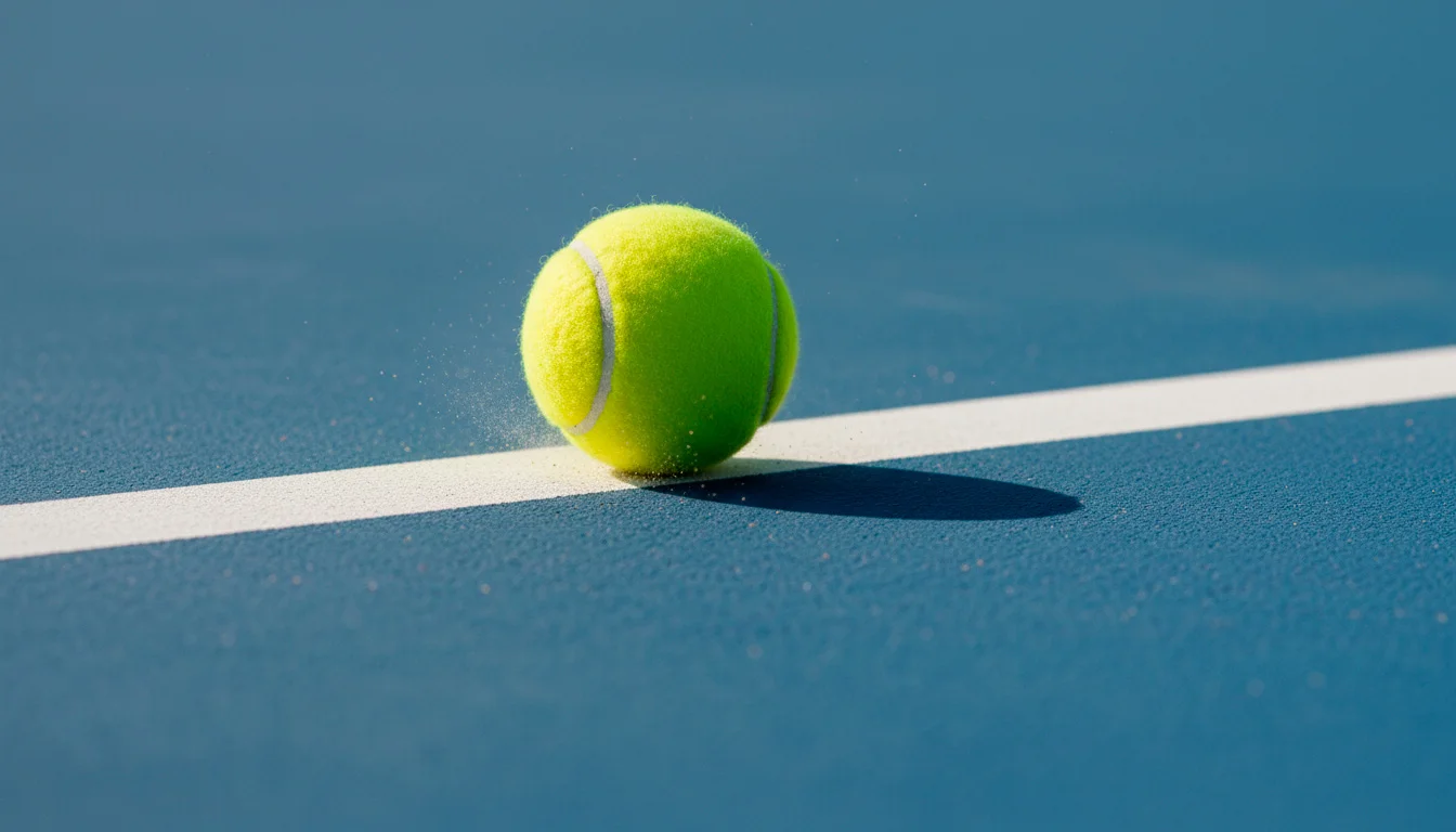 Nahaufnahme eines Tennisballs auf der Linie bei einem knappen Matchentscheid