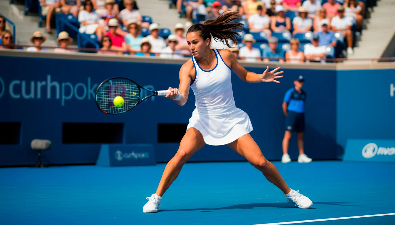 Damentennis-Spielerin schlägt eine kraftvolle Vorhand auf dem Hartplatz